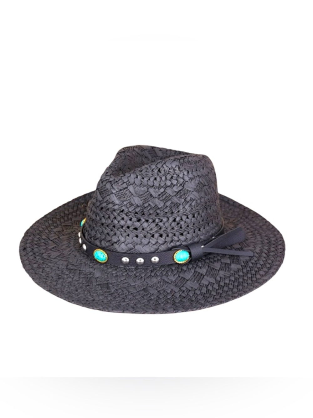 Black Straw Fedora Hat with Turquoise Accents